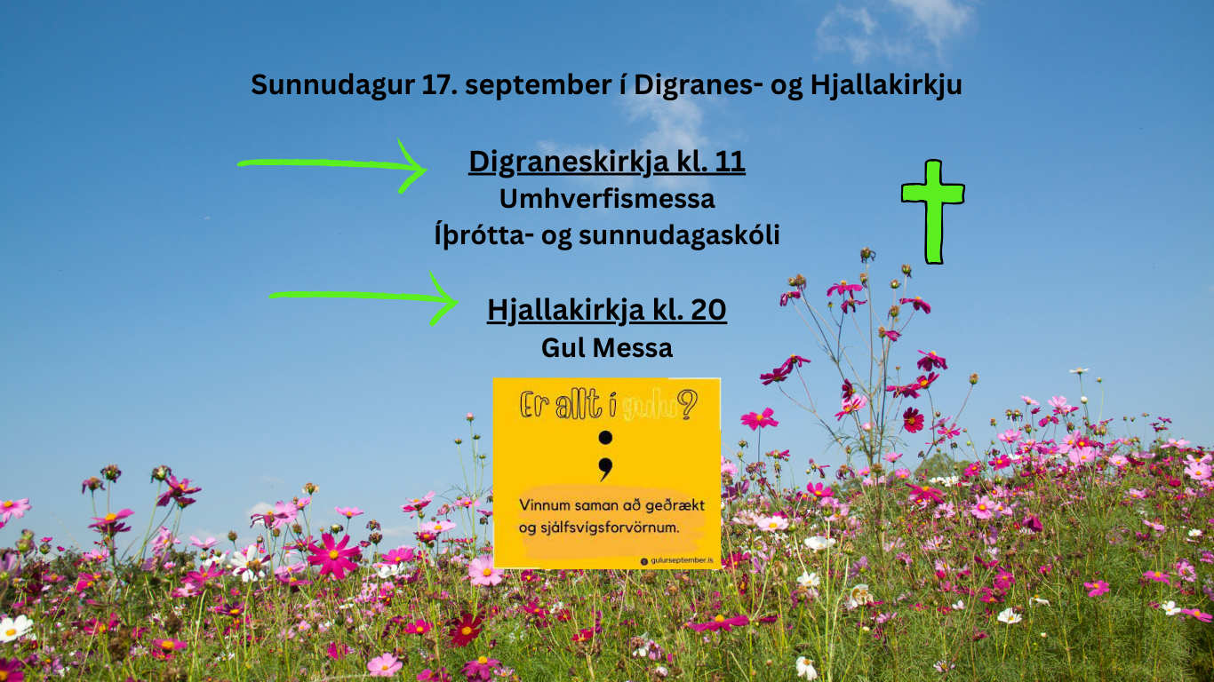 Sunnudagur 10. september í Digranes- og Hjallakirkju Digraneskirkja kl. 11 Guðsþjónusta Íþrótta- og sunnudagaskóli Hjallakirkja kl. 13 Messa (Website)